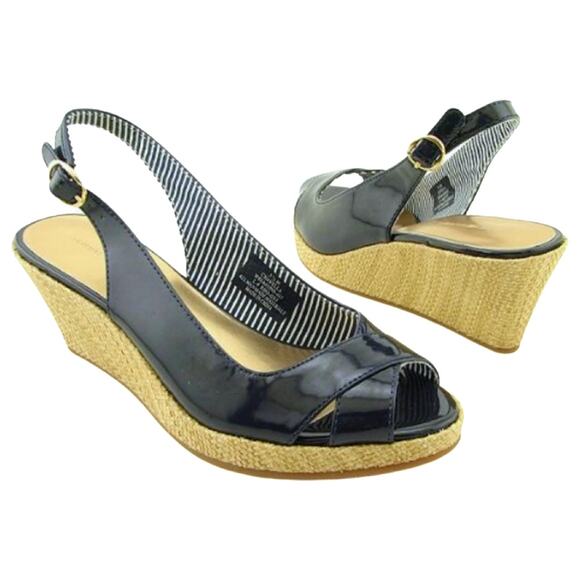 Tommy Hilfiger Shoes - Tommy Hilfiger Navy Blue Patent Peep Toe Slingback Wedge Espadrille size 8.5